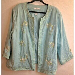 dressbarn Vtg Light Blue/Grn Embroidered Beaded Linen Jacket  24W Grannycore